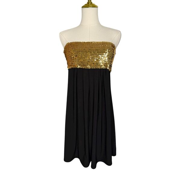 AUW Women’s Small Sequin Mini Dress Black Gold Strapless Y2K - Picture 1 of 6